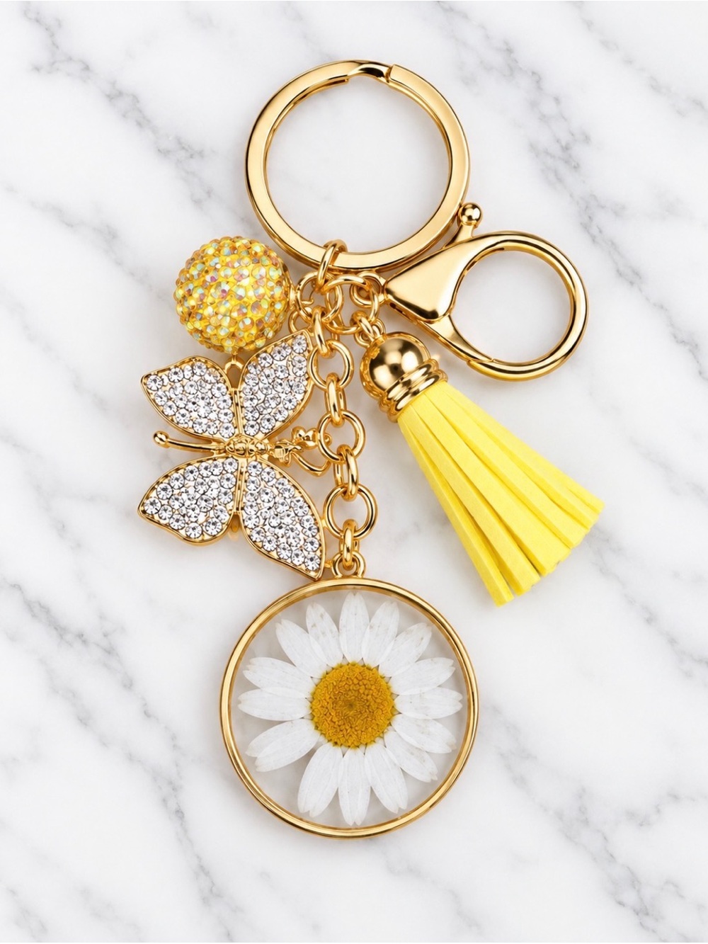 Bag Charm/Keyring-White Daisy and Butterfly Charm with Tassel-Gold Hardware